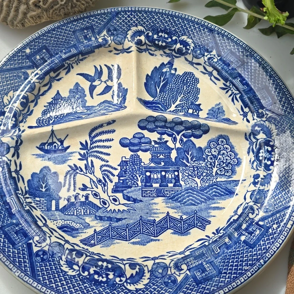 Antique 🐦 Old Blue Willow Divided CHINOISERIE Grill Plate Vintage made In Japan